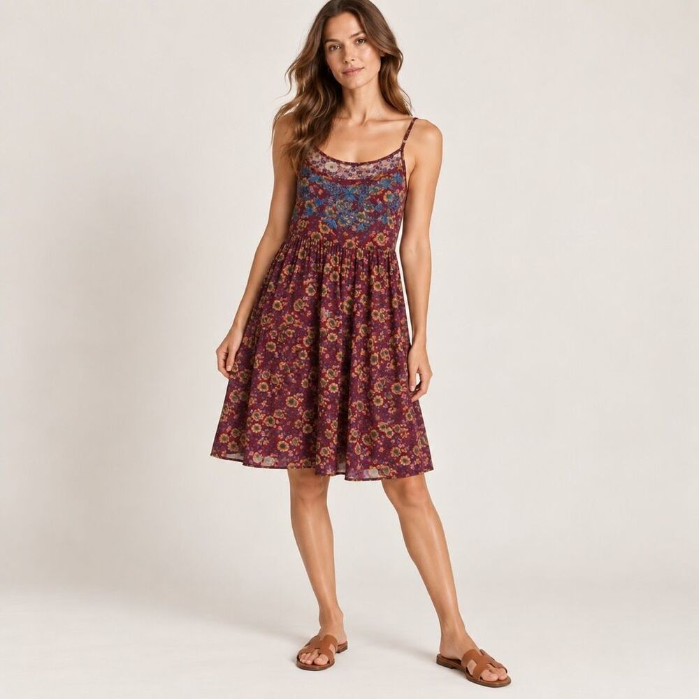 Natural Life Embroidered Dress Size Large Knee Length Maroon Floral Flowy Boho